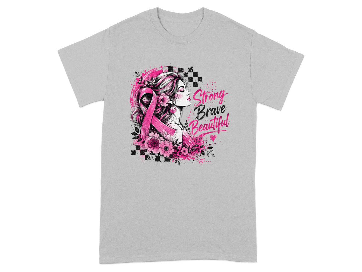 Graphic of woman with pink ribbon and flowers, text "Strong Brave Beautiful".