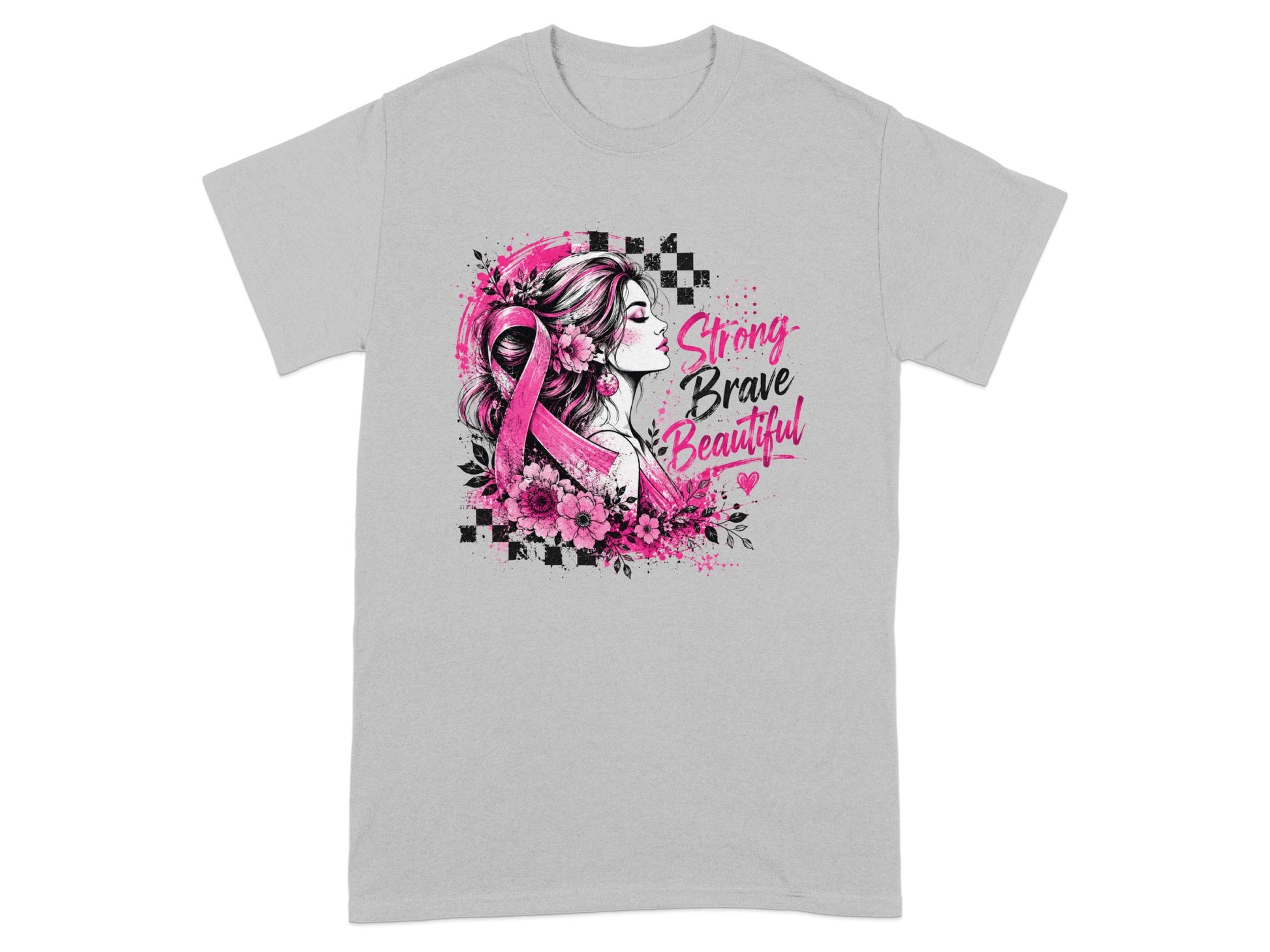Graphic of woman with pink ribbon and flowers, text "Strong Brave Beautiful".
