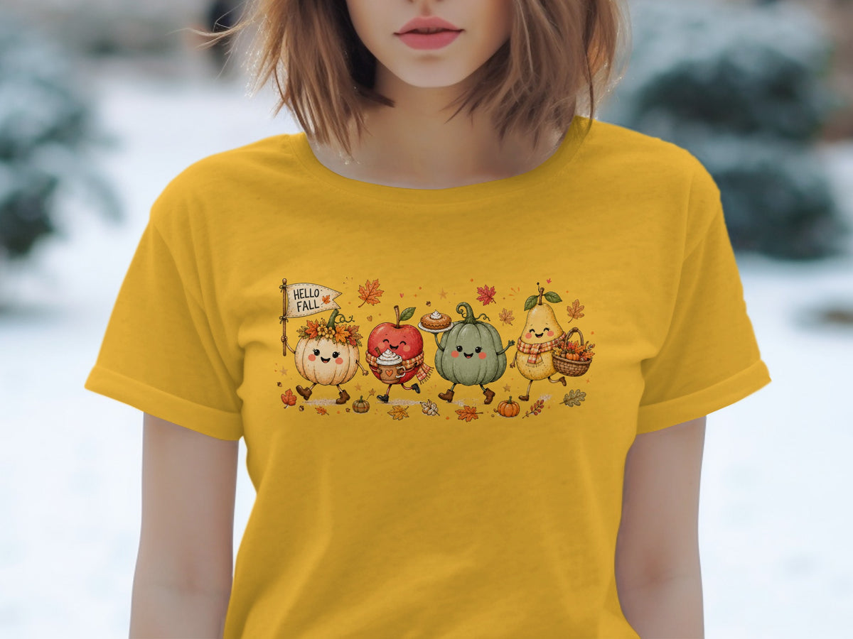 T-shirt with cartoon fall harvest characters holding "Hello Fall" sign.