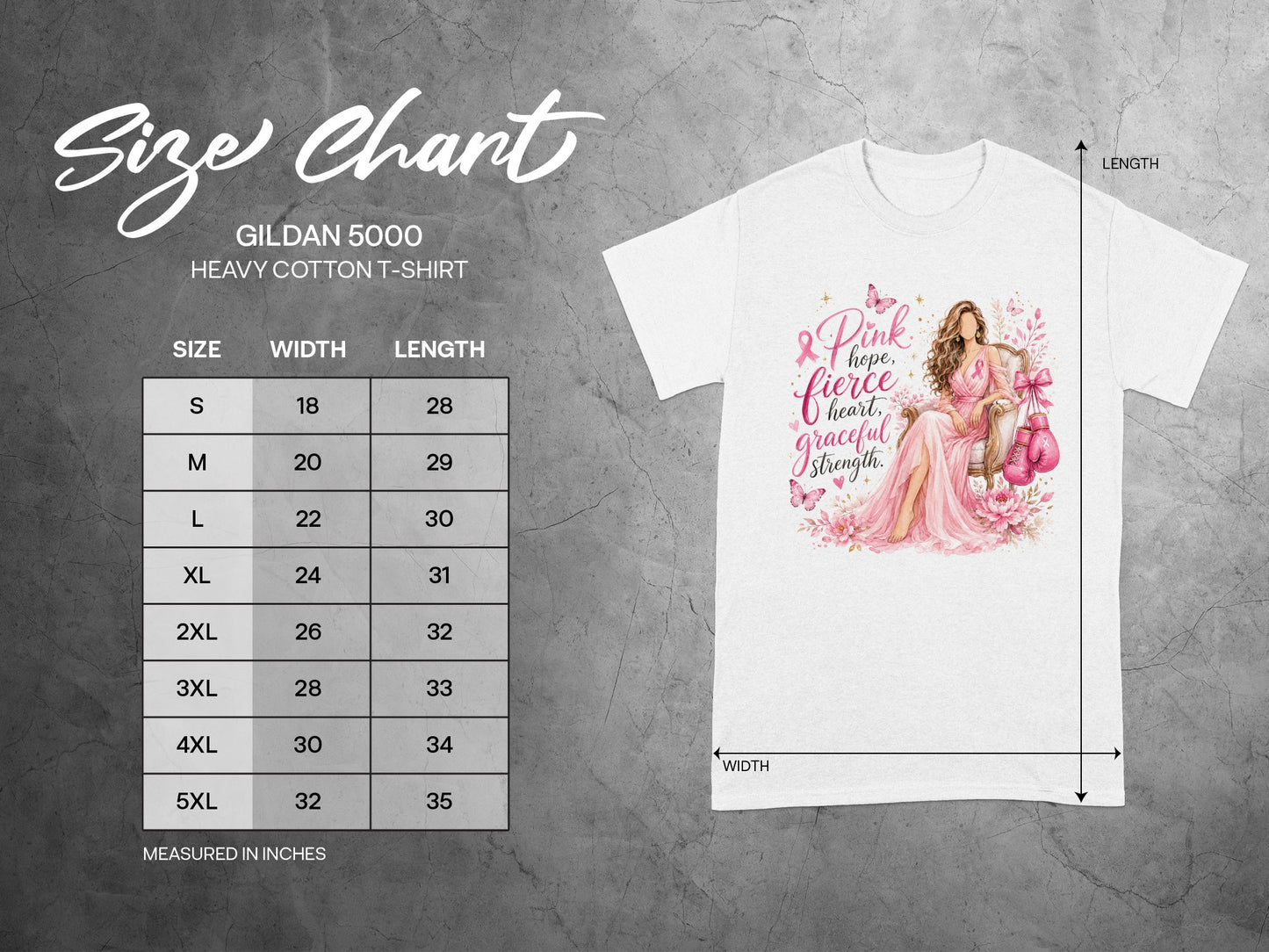 Gildan 5000 Heavy Cotton T-Shirt size chart in inches for width and length.