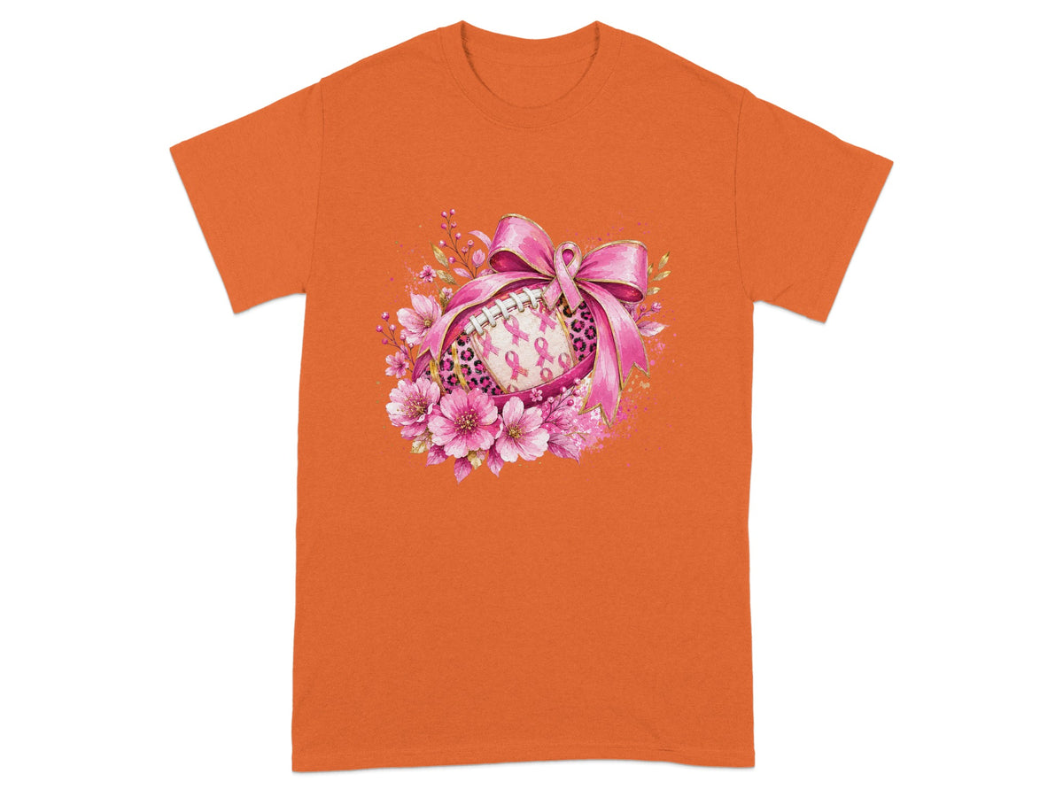 Orange t-shirt with football decorated with pink ribbons and flowers.