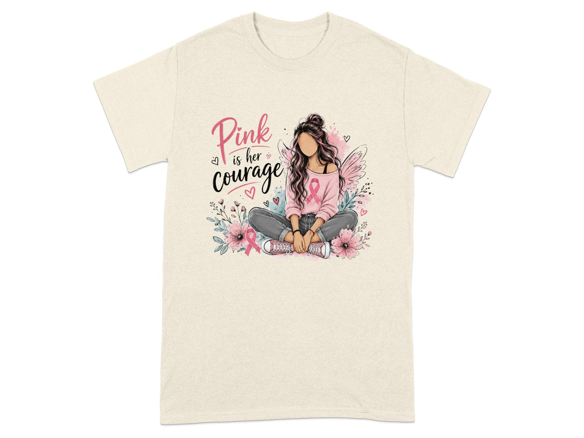 Woman sitting with text "Pink is her courage" and breast cancer ribbon.