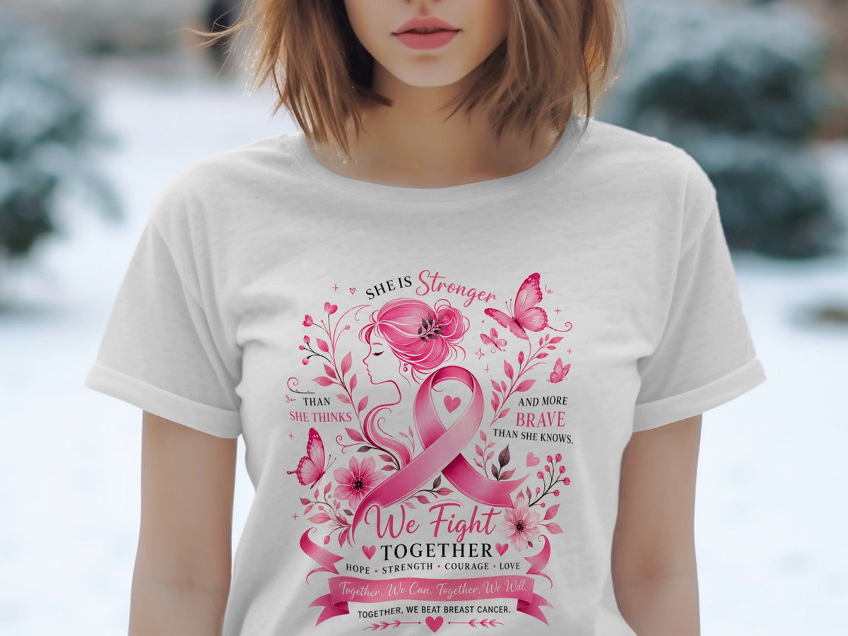 White t-shirt with pink breast cancer ribbon, butterflies, flowers, and inspirational text.