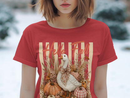 Red t-shirt with "Hello Fall" text, a goose, pumpkins, and fall foliage.