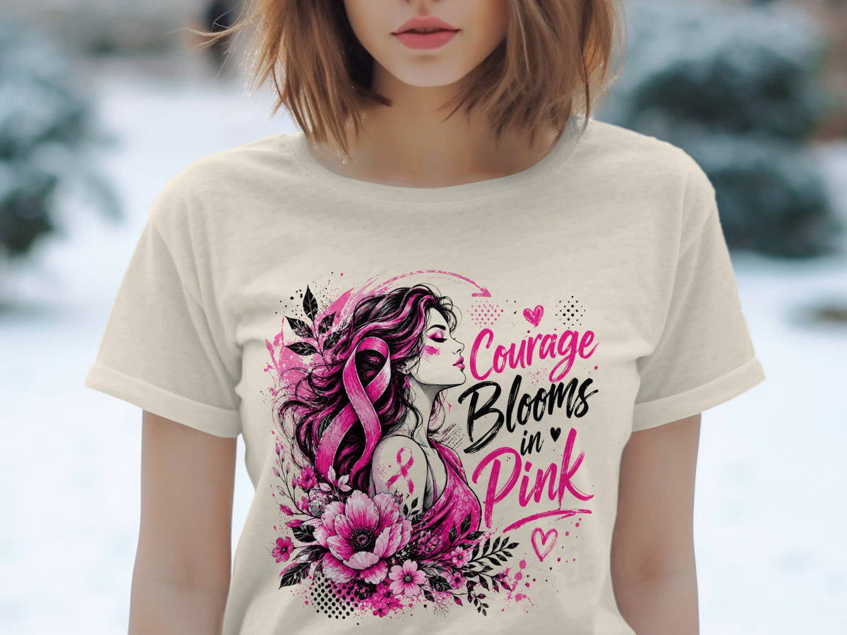 Woman with pink ribbon in hair and text "Courage Blooms in Pink".
