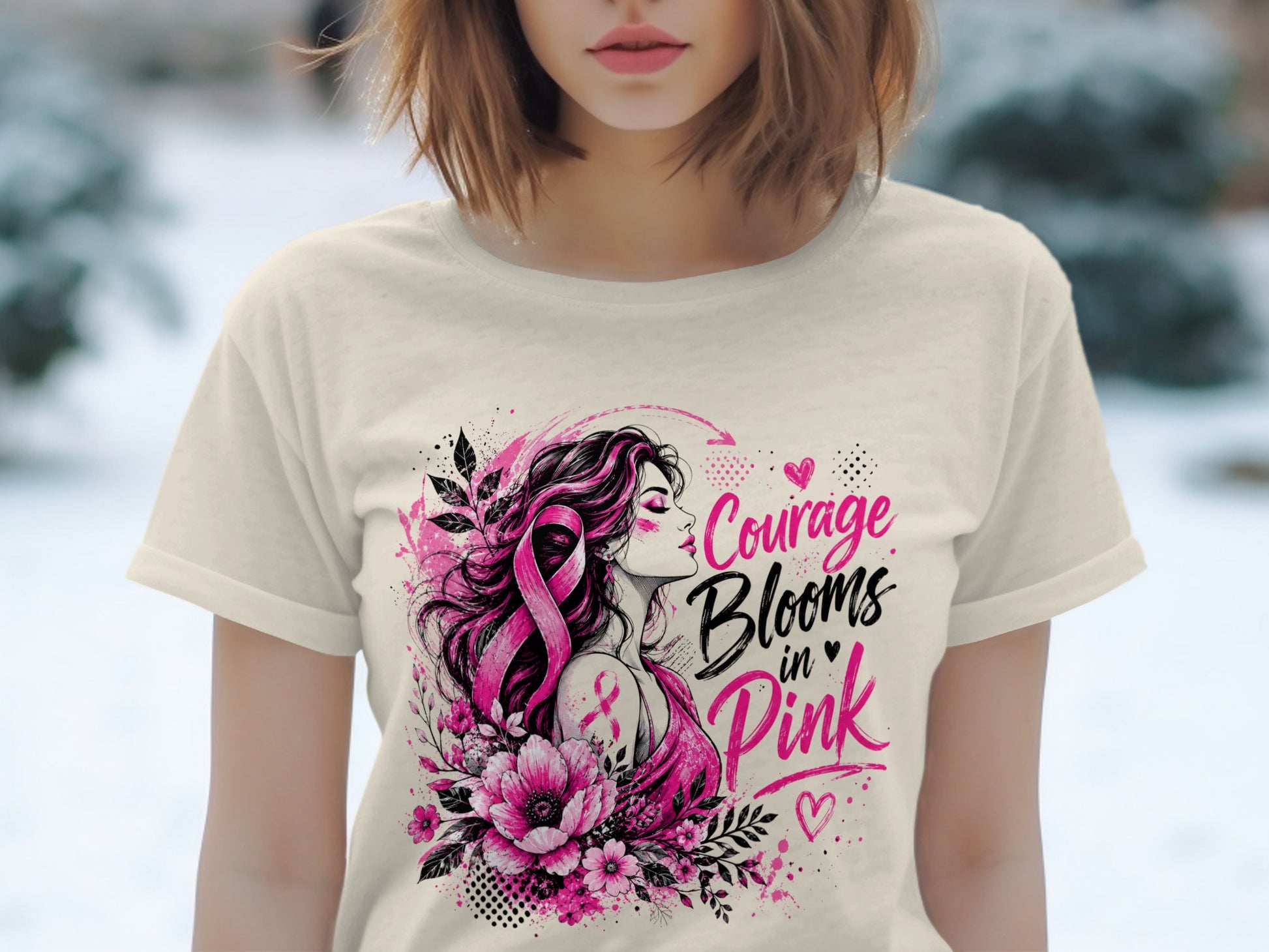 Woman with pink ribbon in hair and text "Courage Blooms in Pink".