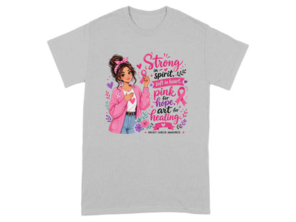 Illustration of a woman in a pink cardigan with the text "Strong in spirit, soft in heart, pink for hope, art for healing."
