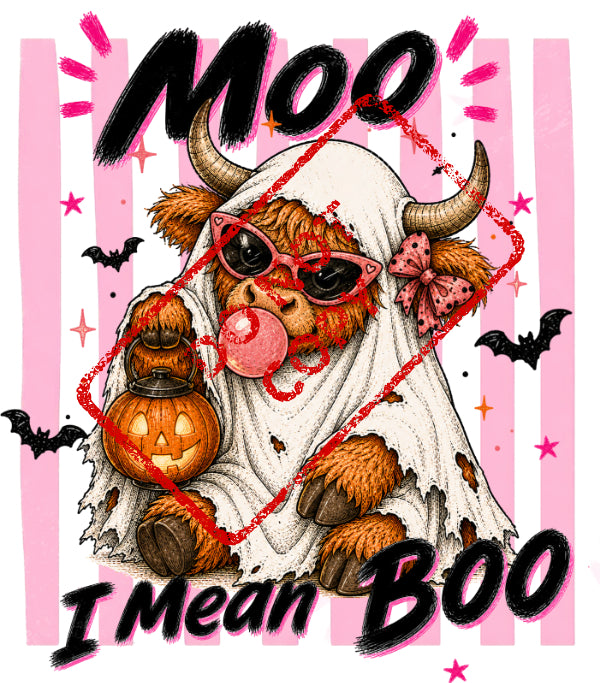 Highland cow dressed as a ghost holding a pumpkin, with text "Moo I Mean Boo".