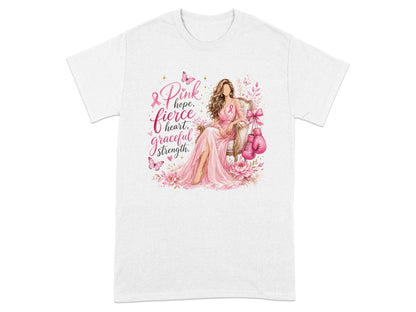 Pink ribbon, woman in pink dress, boxing gloves, and text: Pink hope, fierce heart, graceful strength.