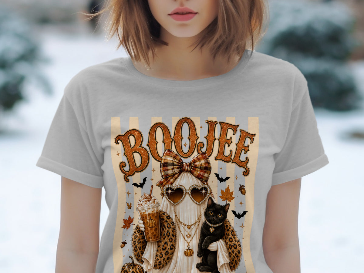 Ghost wearing sunglasses and holding pumpkin drink, with black cat and "Boojee" text.