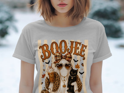 Ghost wearing sunglasses and holding pumpkin drink, with black cat and "Boojee" text.