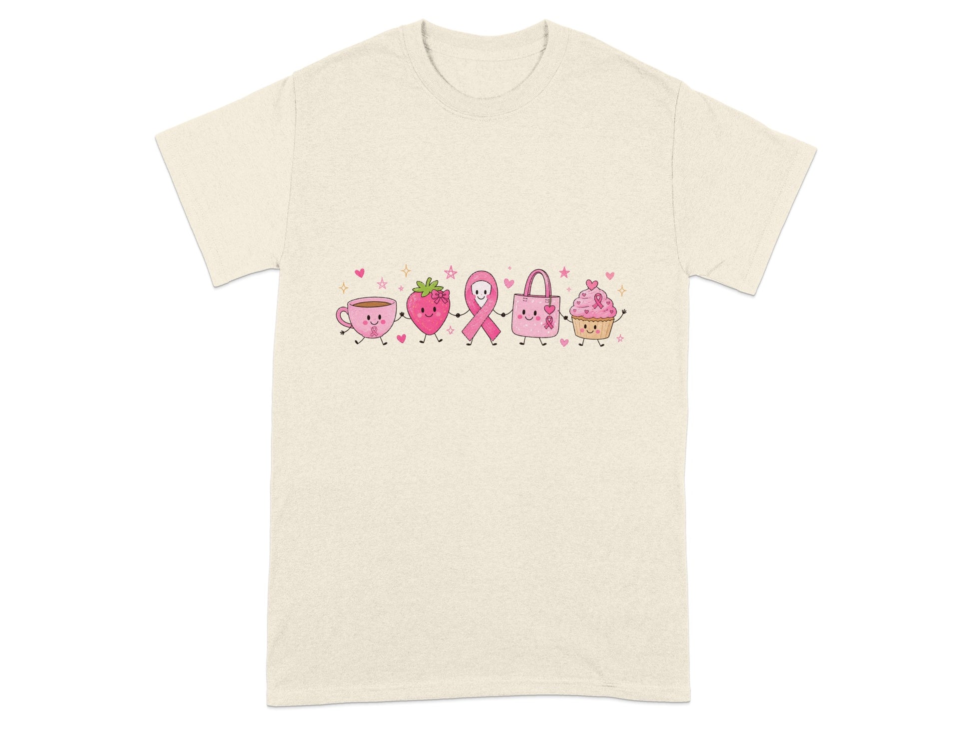 Cute cartoon cup, strawberry, ribbon, handbag, and cupcake holding hands.