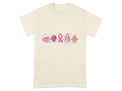 Cute cartoon cup, strawberry, ribbon, handbag, and cupcake holding hands.