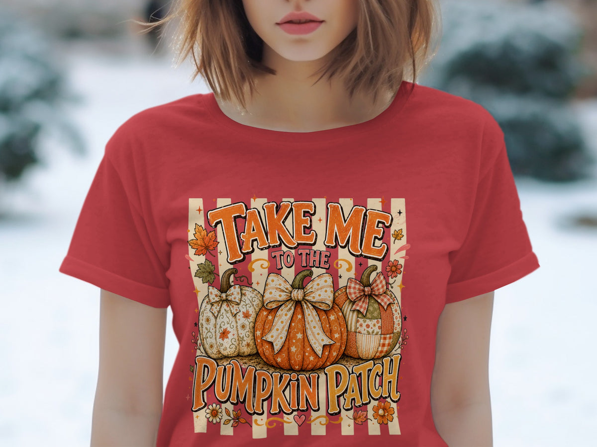 Take Me To The Pumpkin Patch graphic with three decorated pumpkins and autumn leaves.