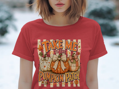 Take Me To The Pumpkin Patch graphic with three decorated pumpkins and autumn leaves.