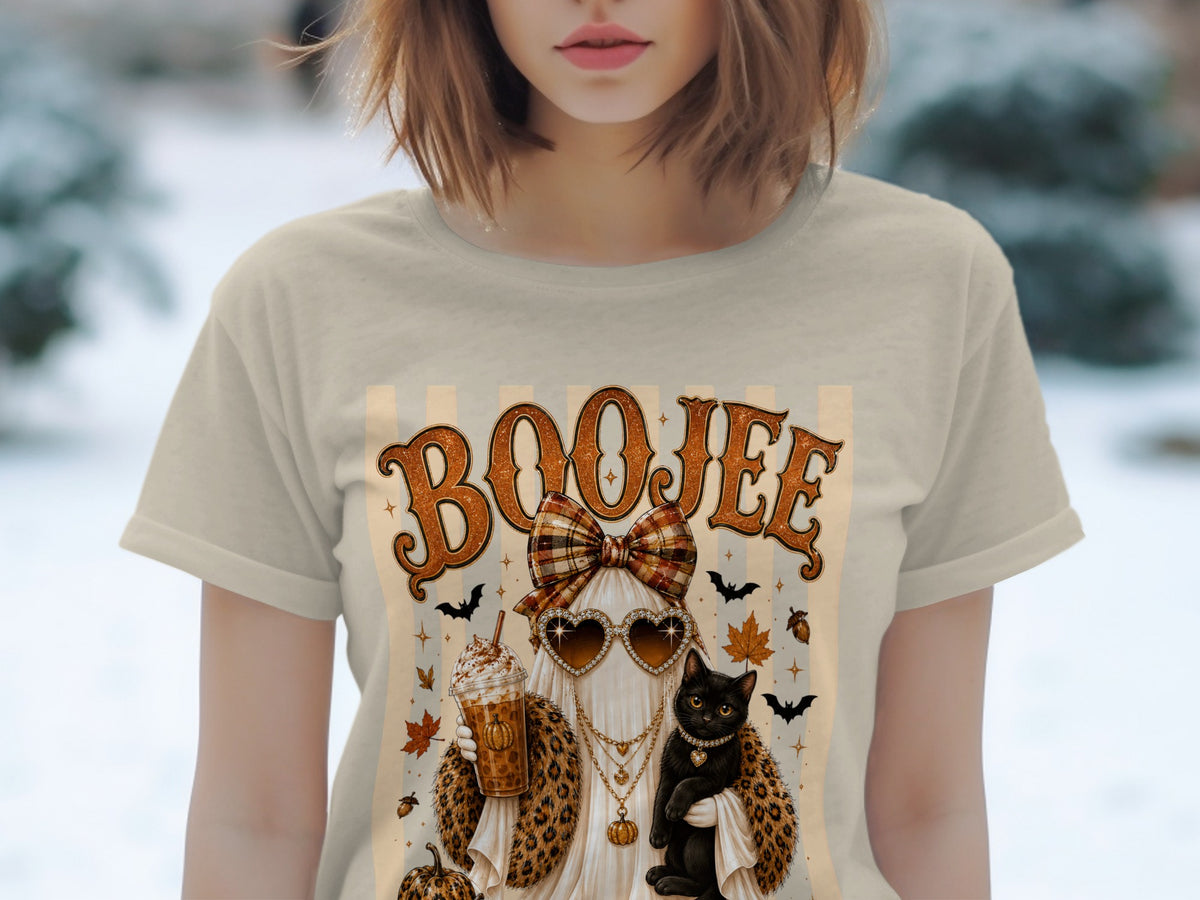 Boojee text above ghost with sunglasses, black cat, and coffee drink.