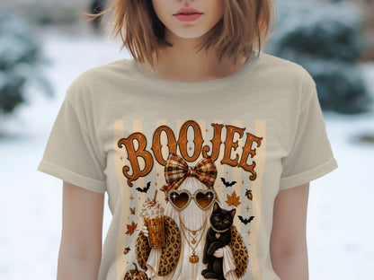 Boojee text above ghost with sunglasses, black cat, and coffee drink.