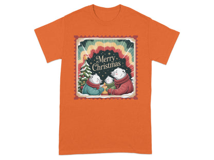 Christmas postcard design featuring polar bears with a tree and the text "Merry Christmas."
