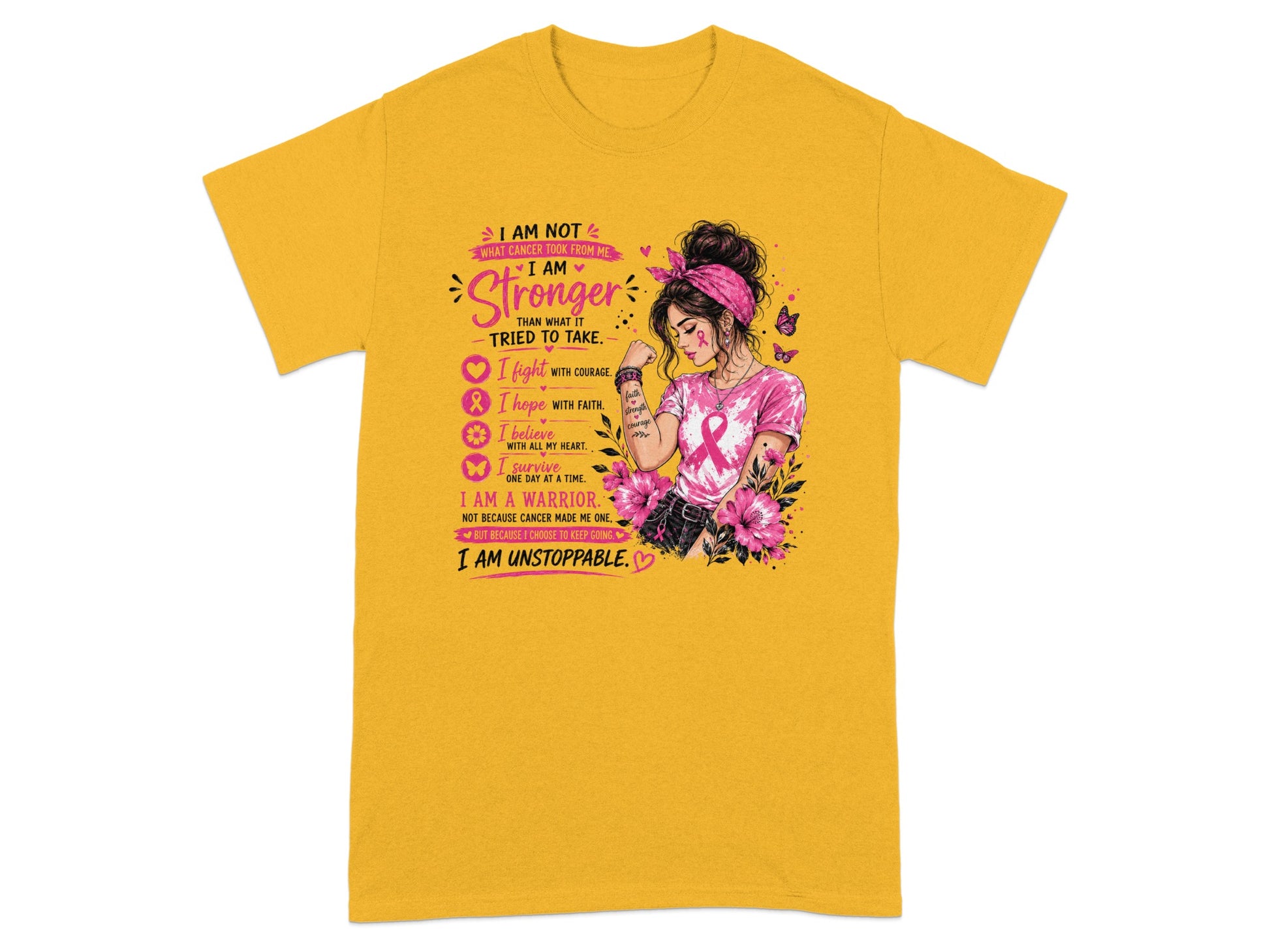 Yellow t-shirt with breast cancer warrior graphic and empowering text.