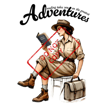 Woman in safari outfit reading a book, "Adventures" text, with "No Copy" stamp.