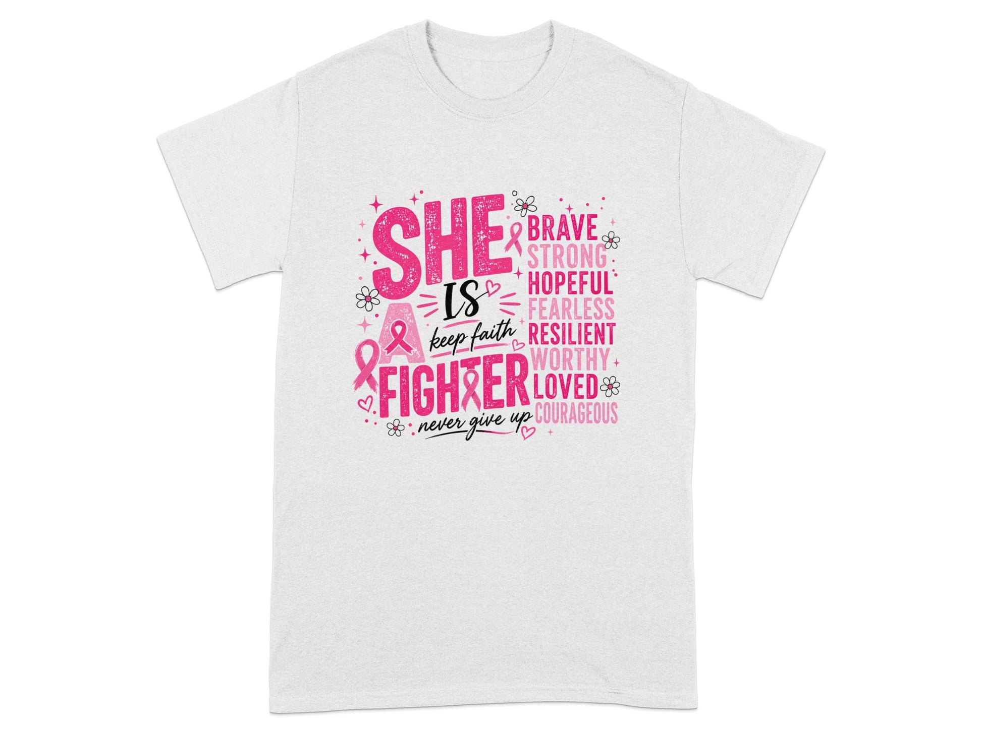 T-shirt with "SHE IS A FIGHTER" text and breast cancer awareness ribbons.