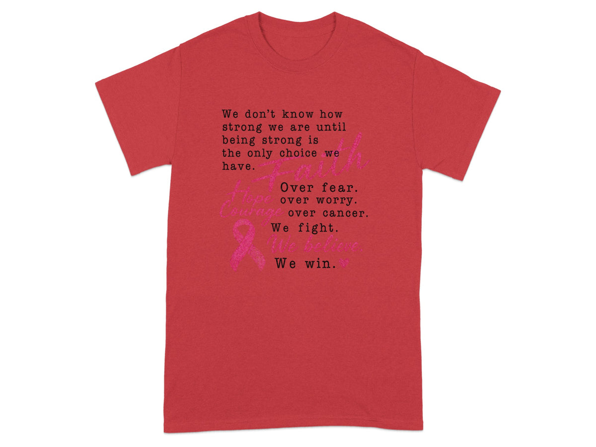 Red t-shirt with breast cancer awareness text and pink ribbon.