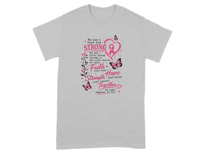 Gray t-shirt with pink ribbon, butterflies, and inspirational text.