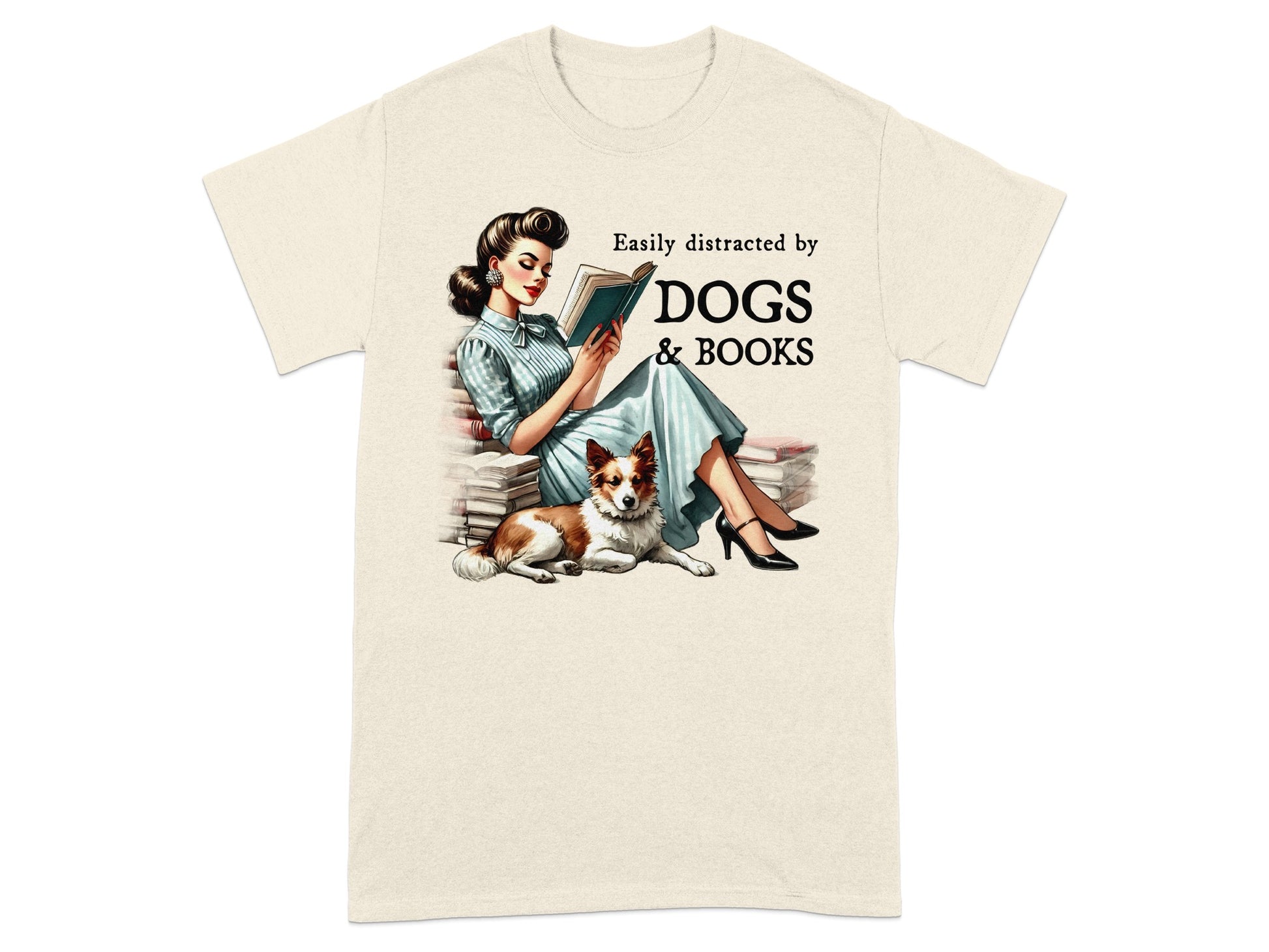 Woman reading surrounded by books with dog and text "Easily distracted by DOGS & BOOKS".