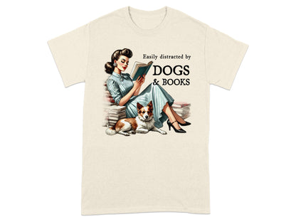 Woman reading surrounded by books with dog and text "Easily distracted by DOGS & BOOKS".