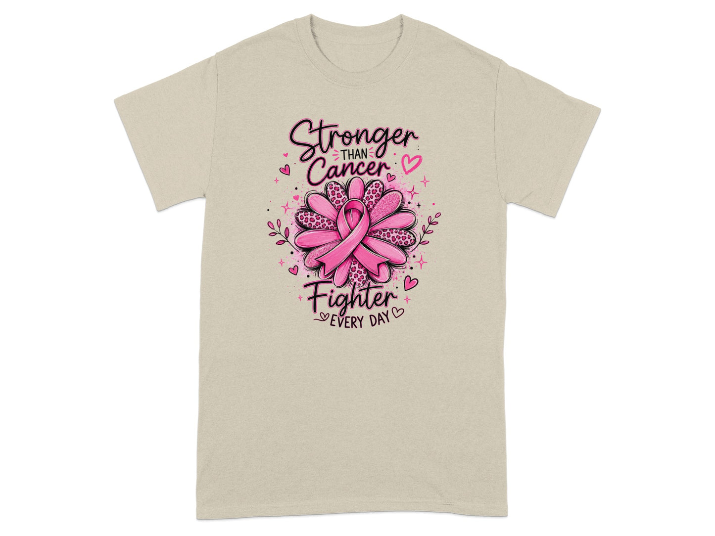 T-shirt with "Stronger than Cancer, Fighter Every Day" text and pink ribbon flower.