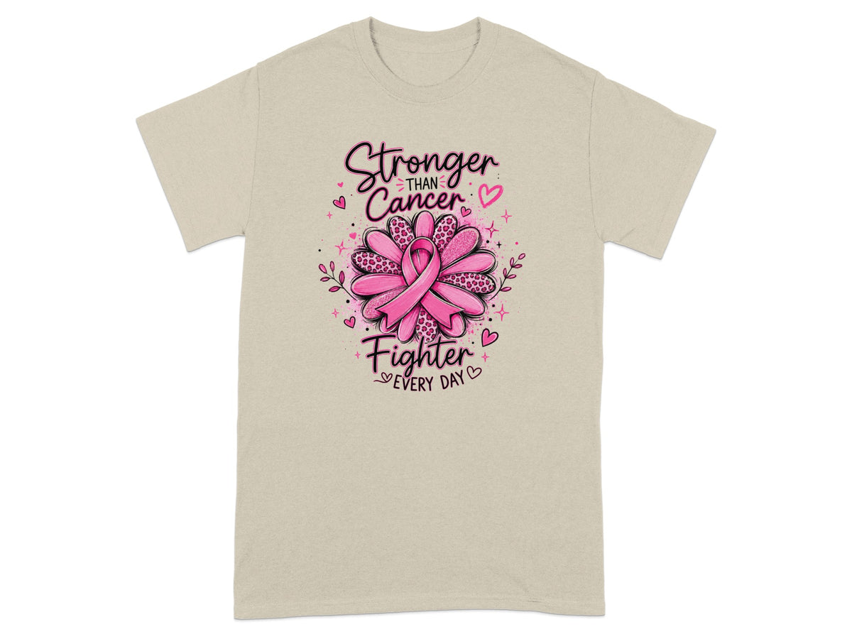 T-shirt with "Stronger than Cancer, Fighter Every Day" text and pink ribbon flower.