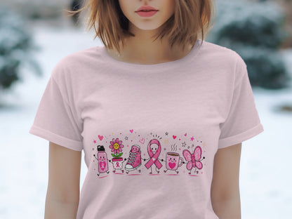 Pink t-shirt with cartoon breast cancer awareness ribbon, water bottle, flower, sneaker, coffee mug, and butterfly.