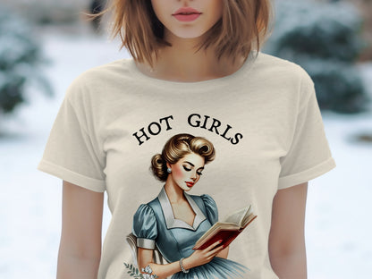 Cream t-shirt with "HOT GIRLS" text and illustration of a woman reading a book.