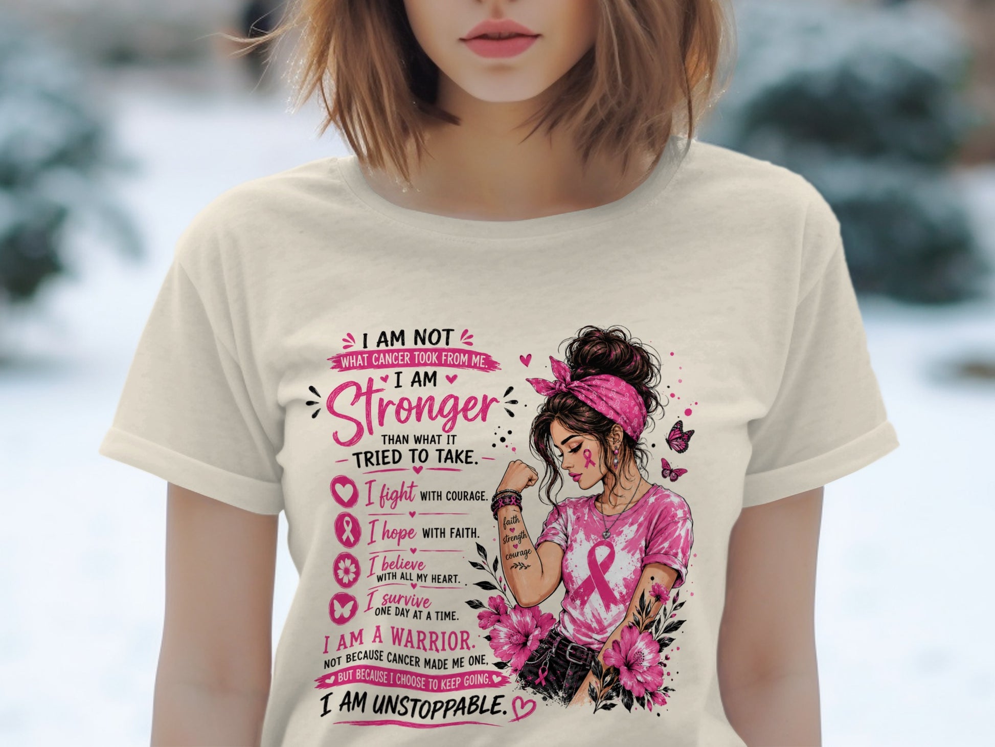 Cream t-shirt with breast cancer awareness graphic featuring inspirational text and warrior woman.