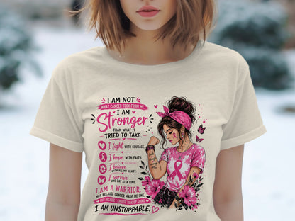 Cream t-shirt with breast cancer awareness graphic featuring inspirational text and warrior woman.