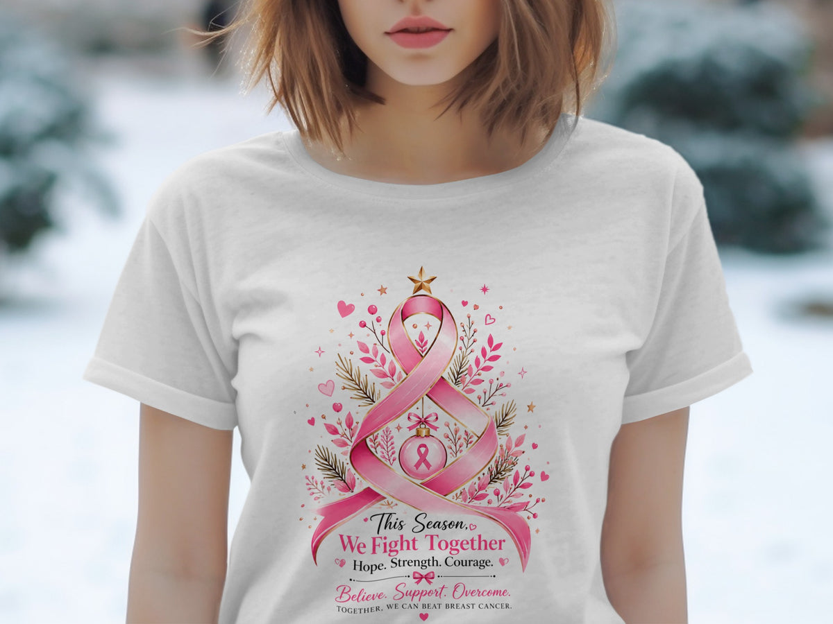 White t-shirt with pink ribbon design and text about fighting breast cancer.