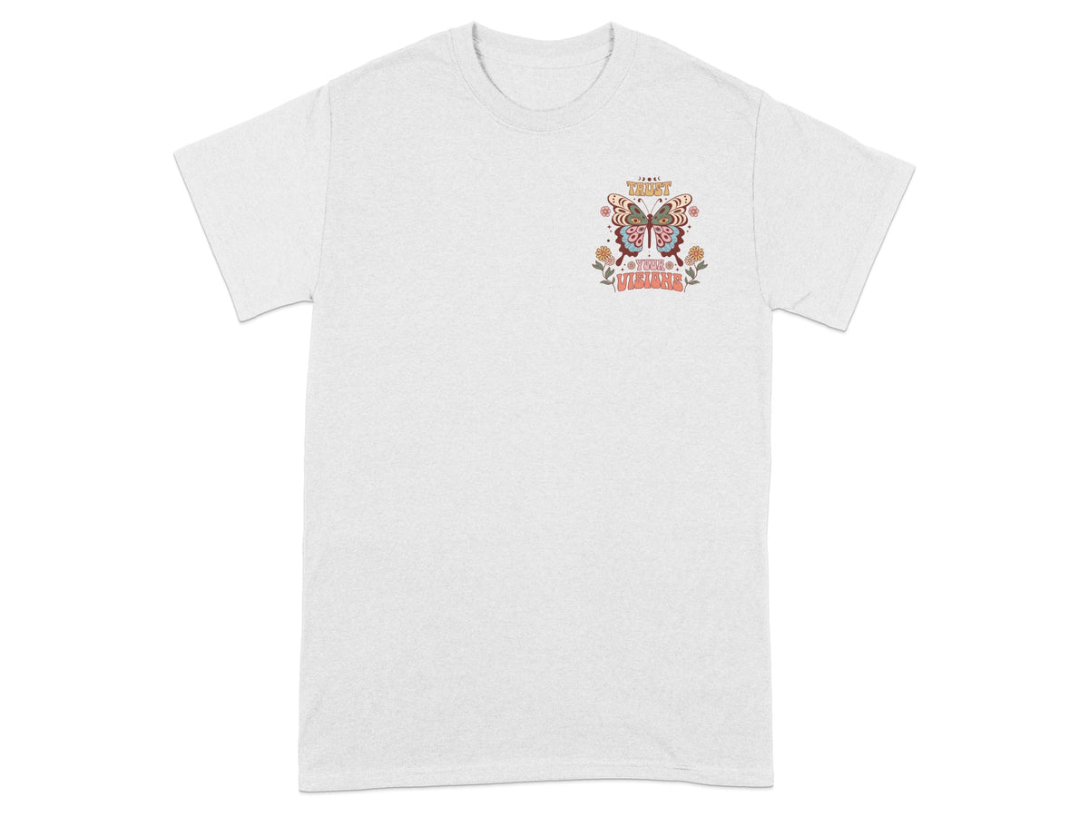 White t-shirt with retro butterfly graphic and text "TRUST YOUR VIBRATIONS".