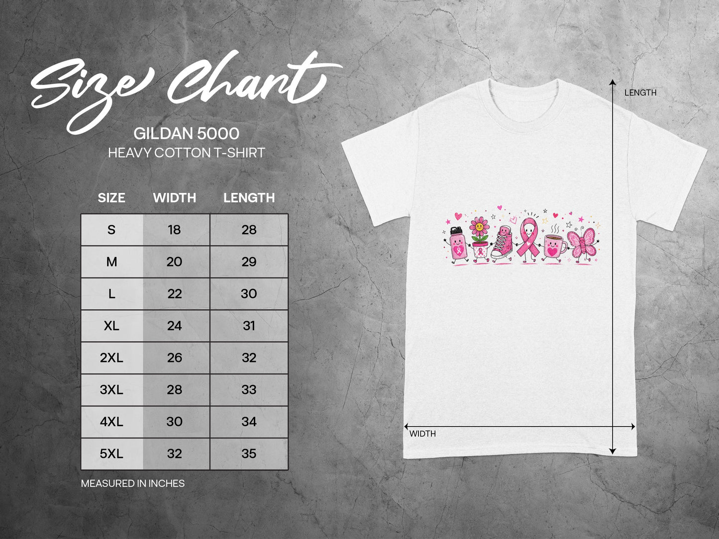 Gildan 5000 Heavy Cotton T-Shirt size chart with width and length measurements in inches.