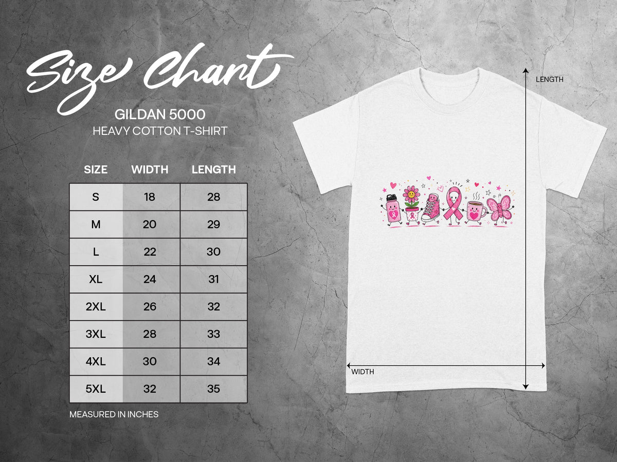 Gildan 5000 Heavy Cotton T-Shirt size chart with width and length measurements in inches.