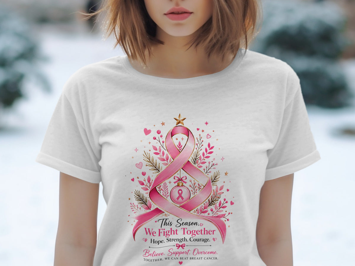 White t-shirt with pink ribbon tree design and breast cancer awareness text.