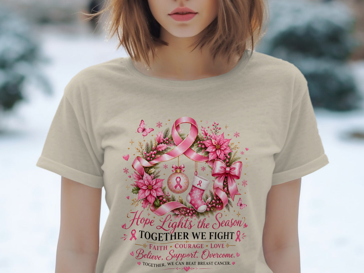 T-shirt with breast cancer awareness design, pink ribbons, and inspirational text.