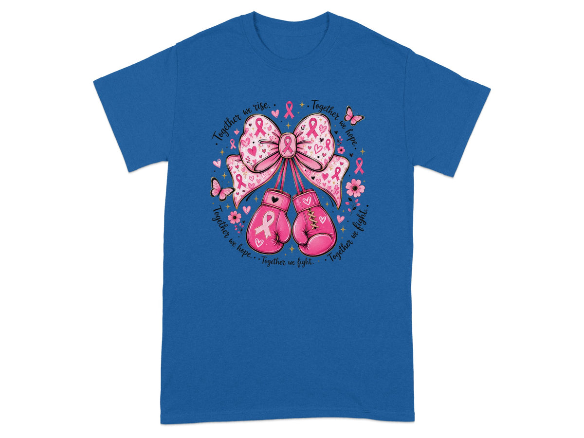 Pink boxing gloves and a bow with breast cancer ribbons, butterflies, and inspirational text.