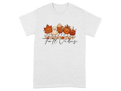 White t-shirt with cartoon fall characters and the text "Fall Vibes".