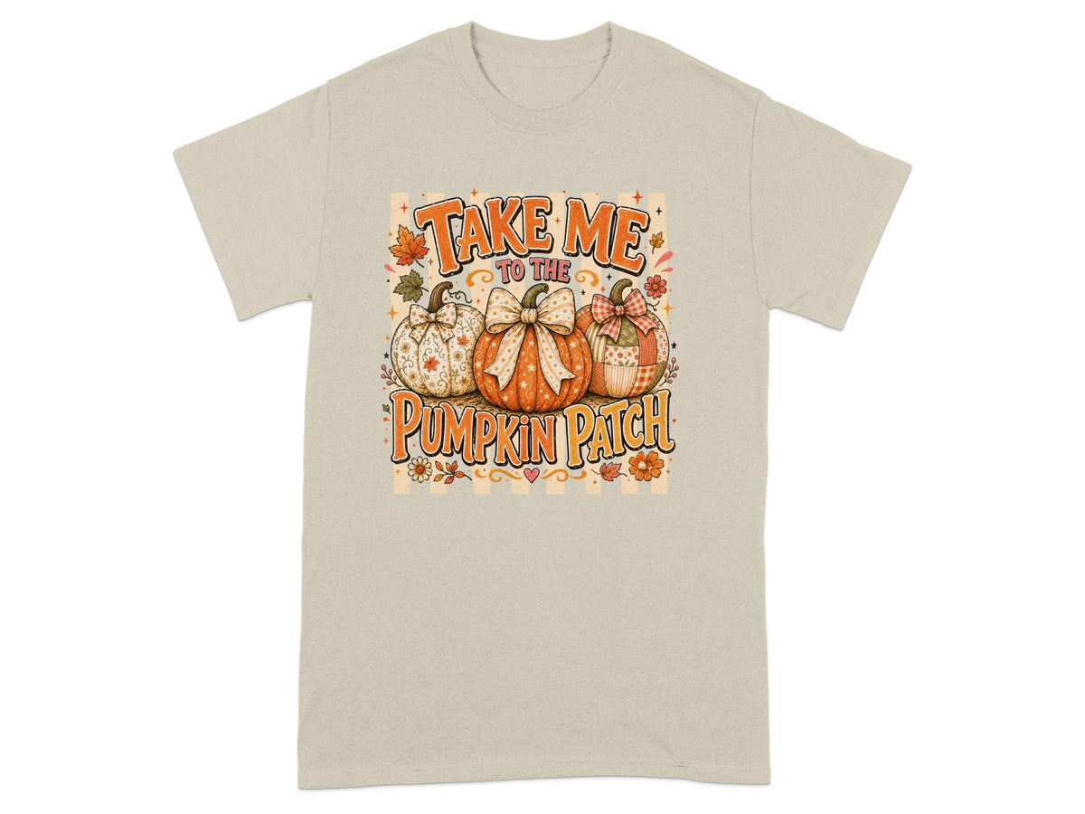T-shirt with "Take Me To The Pumpkin Patch" text and three decorative pumpkins.