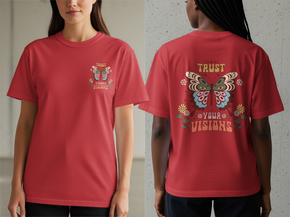 Red t-shirt with butterfly graphic and "Trust Your Visions" text.