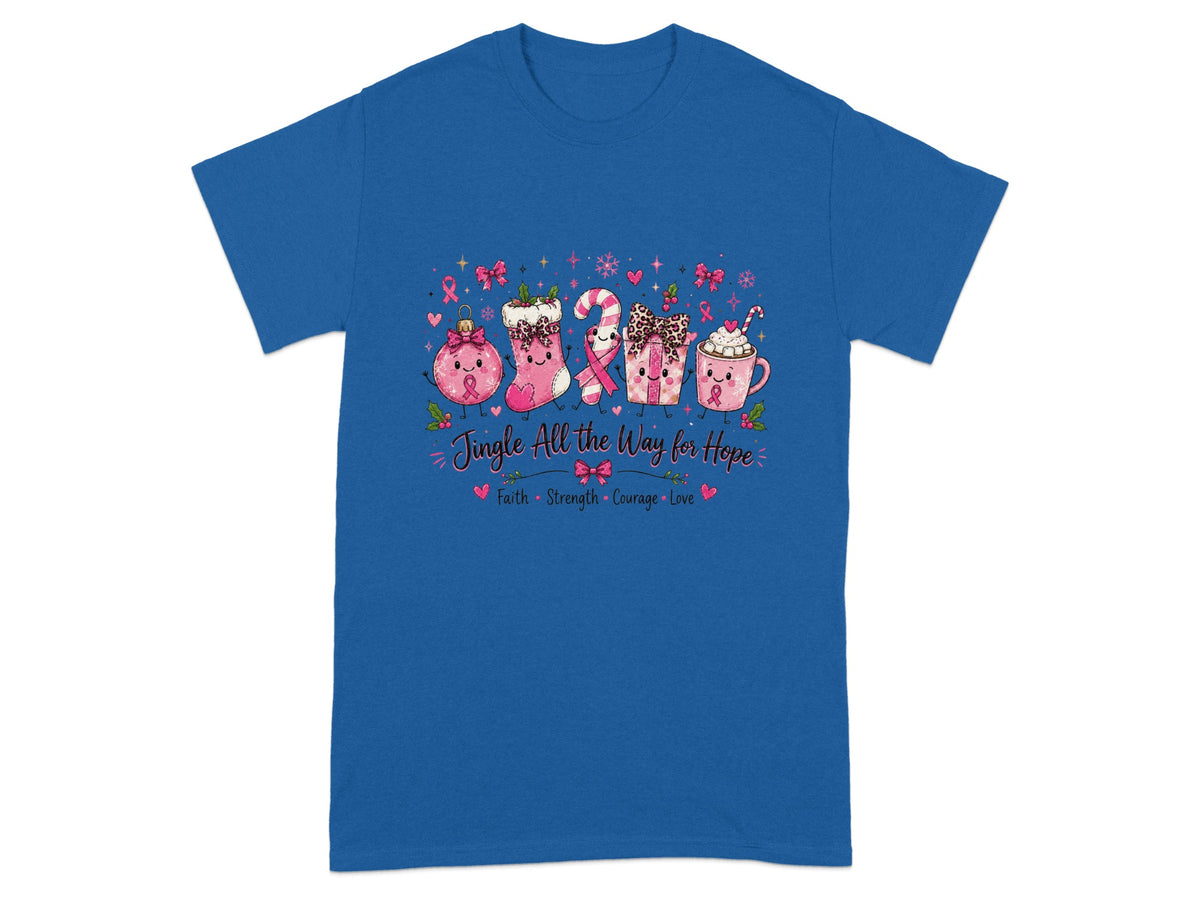 T-shirt with cartoon Christmas items and "Jingle All the Way for Hope" text.