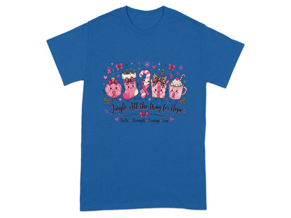 T-shirt with cartoon Christmas items and "Jingle All the Way for Hope" text.