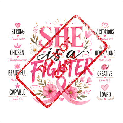 "She is a Fighter" text with pink ribbons, flowers, and uplifting words like Strong, Chosen, Beautiful, Victorious, Creative.