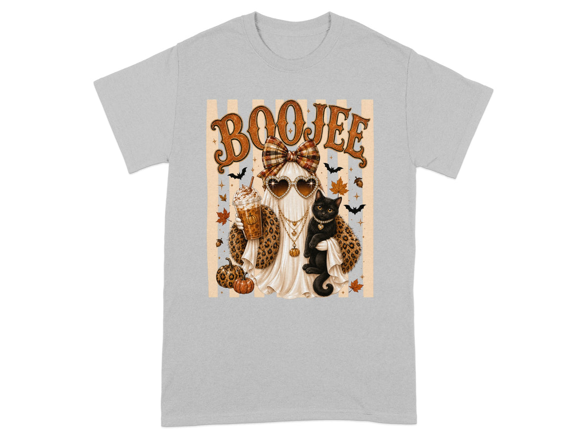 Ghost with leopard print holding pumpkin spice latte and black cat, text BOOJEE.