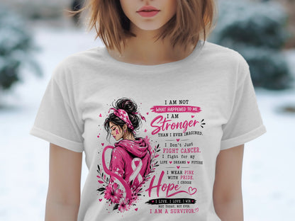 White t-shirt with "I Am Stronger Than I Ever Imagined" and survivor text.